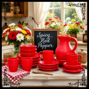 May include: A vibrant red ceramic dinnerware set, including plates, bowls, and mugs, arranged on a wooden table. A red pitcher and a wooden spoon are also present. A chalkboard sign reads "Spicy Red Pepper". A bouquet of flowers adds color.