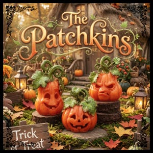 May include: Three orange carved pumpkin figurines with green stems and leaves, each displaying a unique facial expression. The pumpkins are arranged on wooden slices amidst autumn leaves, lanterns, and a sign reading The Patchkins Trick or Treat.