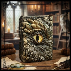 May include: A rectangular book with a three-dimensional cover featuring a large, central yellow dragon eye surrounded by textured, metallic gold and dark bronze scales. The cover design mimics the appearance of dragon skin with raised ridges.