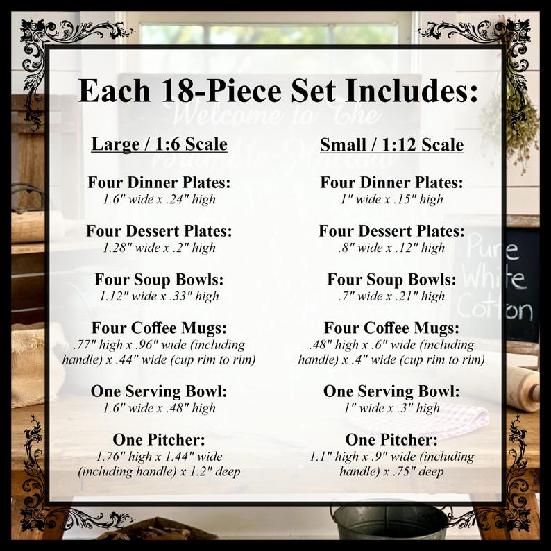 May include: A detailed list of an 18-piece miniature dollhouse set, including plates, bowls, mugs, and a pitcher. Measurements are provided in inches for both large (1:6 scale) and small (1:12 scale) sets. The text is displayed on a white background.
