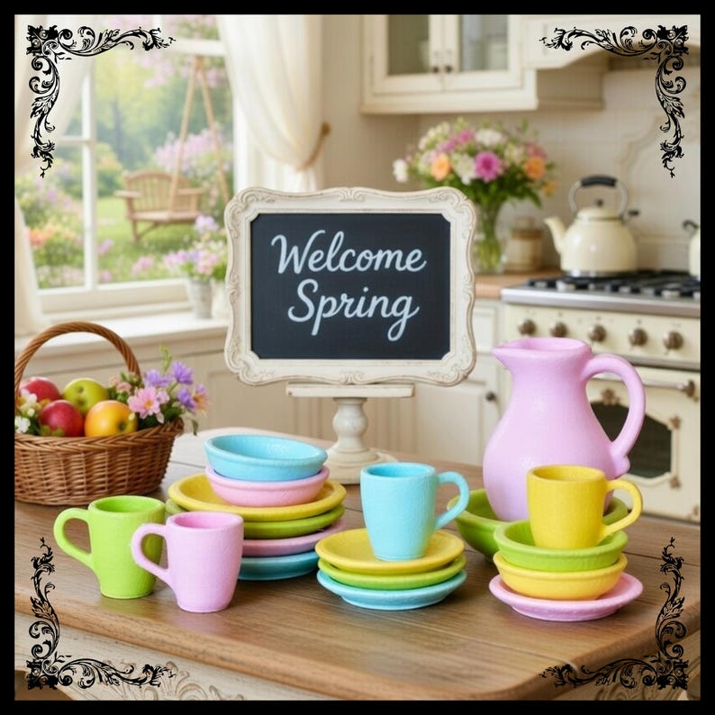 May include: A charming kitchen scene with a chalkboard sign that reads "Welcome Spring." Colorful ceramic cups, plates, and bowls in pastel shades of pink, yellow, blue, and green are arranged on a wooden surface. A pink pitcher and a basket of fruit and flowers complete the spring theme.