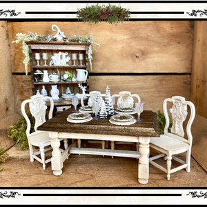 Dollhouse / Miniature Rustic Dining Farmhouse Table & Chairs: Christmas Winter Woodlands