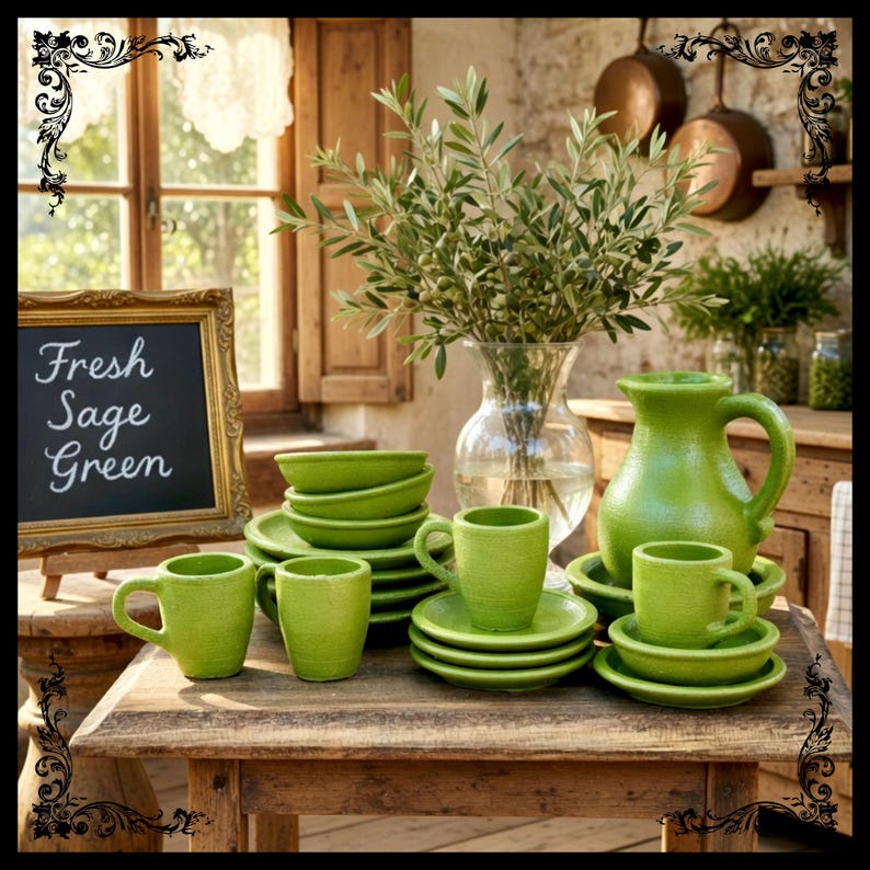 May include: A rustic wooden table displays a collection of sage green ceramic tableware. The set includes cups, saucers, bowls, and a pitcher. A chalkboard sign reads "Fresh Sage Green". A vase of olive branches adds a natural touch.