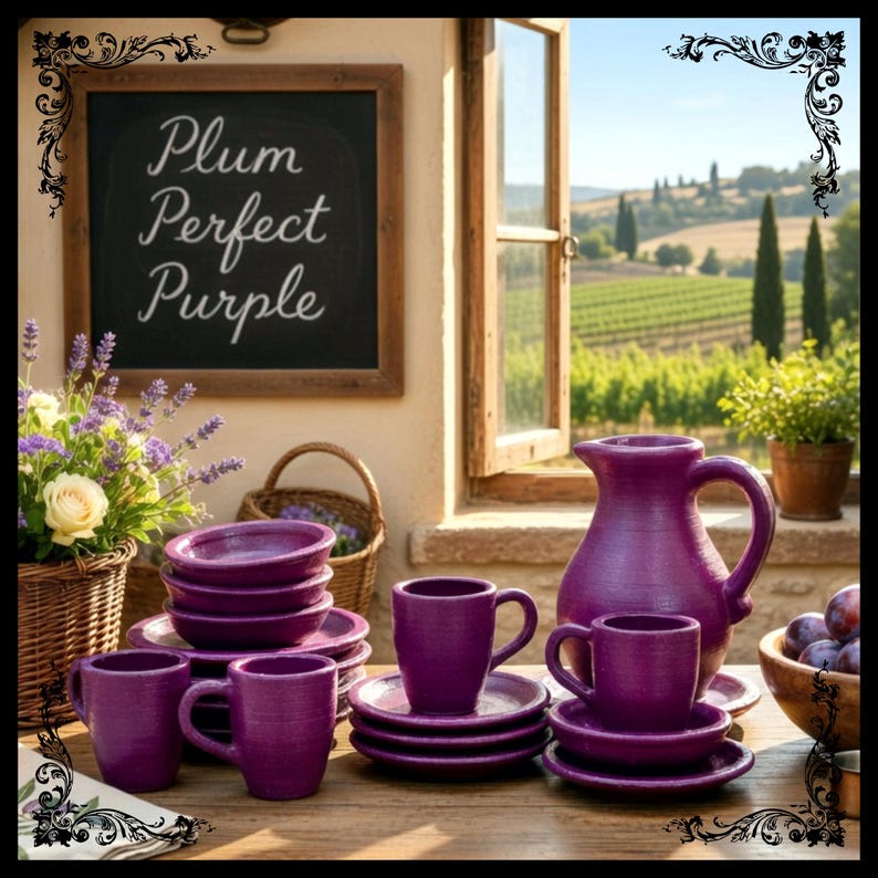 May include: A plum-colored ceramic tableware set, including plates, cups, and a pitcher, arranged on a wooden table. The text "Plum Perfect Purple" is on a chalkboard in the background. A basket of plums and a view of a vineyard are also visible.