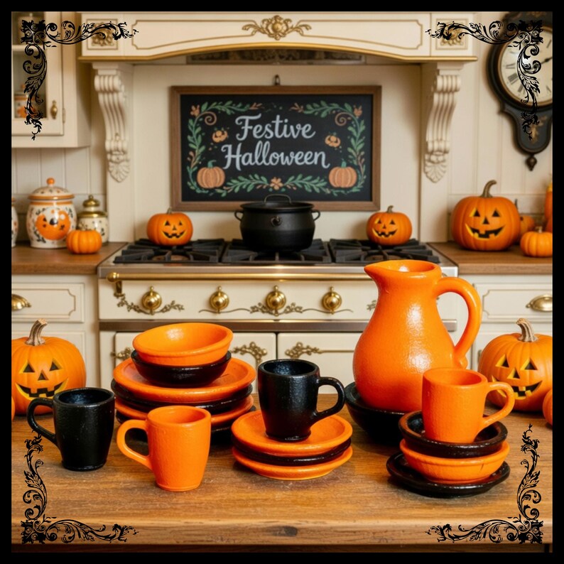 May include: A festive Halloween kitchen scene with orange and black tableware, including mugs, plates, and a pitcher. Carved jack-o'-lanterns and a chalkboard sign that reads "Festive Halloween" complete the holiday decor.