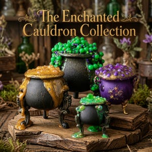 May include: Three decorative cauldrons with ornate legs, featuring text that reads The Enchanted Cauldron Collection. One black cauldron overflows with gold liquid, another with green beads, and a purple one has purple beads.