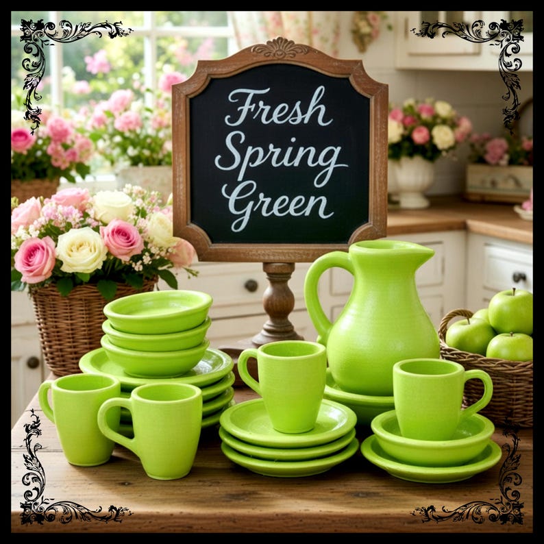 May include: A still-life image of a kitchen scene with a wooden table set with green ceramic dishes, cups, and a pitcher. A chalkboard sign reads "Fresh Spring Green." Baskets of pink and white roses and green apples complete the spring theme.