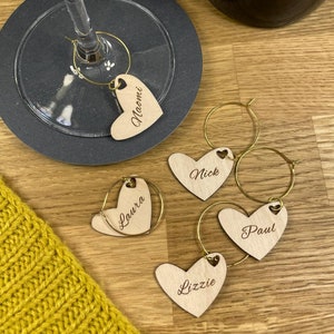 Personalised Wooden Wine Glass Charms, wooden heart charms, wedding decoration, table and place settings.