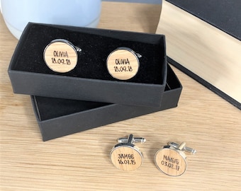 Personalised Oak and Metal Cuff Links, Birthday Present, New Baby Gift, Stocking Filler, Christmas Present for Dad, Daddy, Grandad etc.