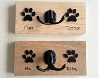 Personalised Dog Lead Hook: Engraved Oak or Pine Pet Gift