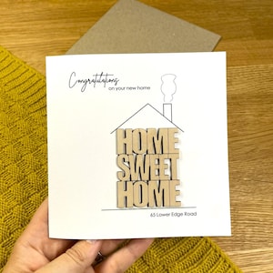 Nouvelle carte personnalisée pour la maison, carte de voeux unique en bois et en carton.