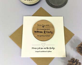 Personalised Oak Save The Date Cards, Save The Date Magnet, Save The Date Bauble, Wedding Card.