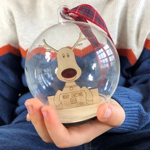 Personalised Children&#39;s Rudolph Glass Bauble, First Christmas Tree Ornament, Family Christmas Tree Decoration, Fun Reindeer Bauble.