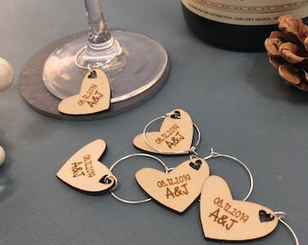Personalised heart shaped glass charm, Wedding Favour Ideas, Wooden Wine Glass Charms, Name place settings, favours, Hen Do Charms, Initials