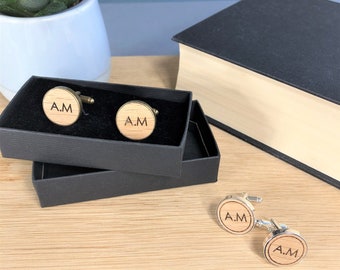 Personalised Oak and Metal Cuff Links, Wedding Day, Christmas Gift, Birthday Present, Stocking Filler, Daddy Gift, Gift for Him, Initials.