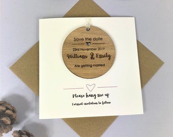 Personalised Oak Save The Date Cards, Save The Date Magnet, Save The Date Bauble.