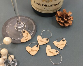 Personalised heart shaped wine glass charm, Wedding Favour Ideas, Wooden Wine Glass Charms, Name place settings, favours, Hen Do Charms