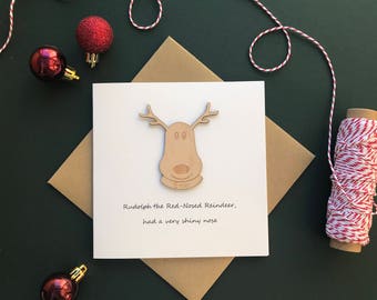 Personalised Christmas Card, laser cut, custom made Rudolf the reindeer with name card.