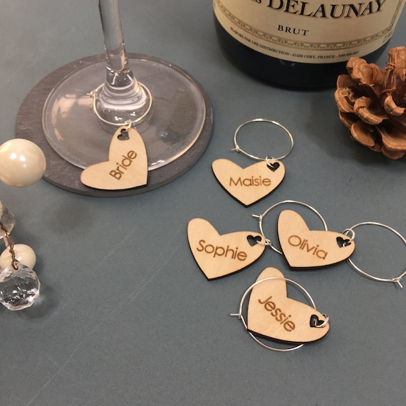 Personalised Wedding Wine Glass Charms Favours Deep Pink Bride - Heart - DIY