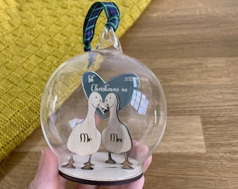 Personalised Glass Christmas Bauble, Couples Bauble, Glass XMAS Tree Bauble, Custom Made Duck Tree Bauble.