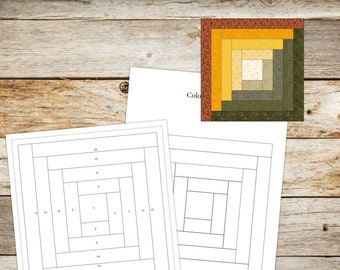 May include: A quilt block pattern featuring a log cabin design with a central square surrounded by rectangular strips. The pattern includes numbered paper templates for assembly and a finished color reference square in shades of yellow, green, and brown.