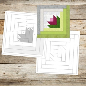 Modelli di Foundation Paper Piecing (FPP)/Modello di blocco trapuntato Tulip Log Cabin/4 dimensioni di blocco finito: 6, 8, 10, 12"/PDF digitale/Download immediato