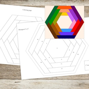 Puede incluir: Una página para colorear imprimible para un bloque de colcha hexagonal de 15,24 cm por 12,7 cm. El bloque está formado por 19 piezas individuales, cada una numerada para facilitar la referencia. La página también incluye un bloque de prueba de 2,54 cm para practicar tus habilidades de acolchado.