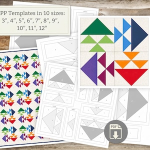 Puede incluir: Plantillas de acolchado de papel en 10 tamaños: 3", 4", 5", 6", 7", 8", 9", 10", 11", 12". El conjunto incluye diagramas impresos de formas geométricas de peces en verde, azul, morado, naranja y rojo, junto con guías de montaje numeradas.