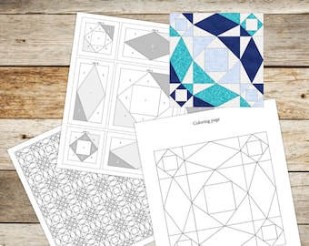 Könnte beinhalten: Eine Sammlung von gedruckten Papiermustern und ein fertiger Quiltblock. Die Muster umfassen geometrische Designs, Diagramme und eine Malvorlage. Der Quiltblock zeigt blaue, türkisfarbene und weiße geometrische Formen. Der Text "Coloring page" ist sichtbar.