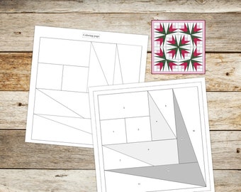 Mallar för Foundation Paper Piecing (FPP) | Mönster för quiltblock med blommor i timmerstuga | 4 färdiga blockstorlekar: 3, 5, 6, 7" | Digital PDF | Direktnedladdning