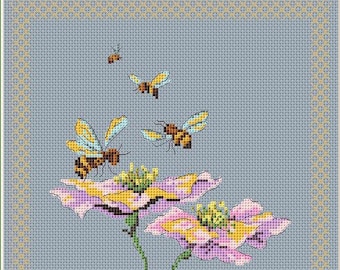 Honey bee cross stitch pattern PDF,Cross Stitch Sampler,flower bee cross stitch,summer pattern pdf,home wall decor,floral pattern, pdf chart