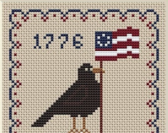 Patriotic Cross Stitch,Primitive cross stitch pattern,American flag,America,raven Mini quaker,Crow,sheep,Digital pattern, PDF