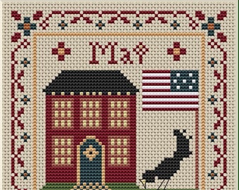 Patriotic May Monthly Sampler,Calendar cross stitch, Primitive cross stitch pattern, House Sampler, Digital pattern, PDF