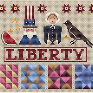 Peut inclure: Un motif de point de croix représentant un personnage d'Oncle Sam rouge, blanc et bleu, une femme en robe bleue, un oiseau noir et une pastèque. Le mot "LIBERTY" est brodé en rouge sous les personnages. Le motif est entouré de quatre blocs de courtepointe rouge, blanc et bleu.