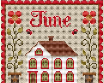 June Cross Stitch Pattern, June Monthly Sampler, Calendar cross stitch,House Sampler, Primitive cross stitch pattern, PDF, Instant Download