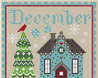 Kruissteekpatroon december, maandsteekproef december, kruissteek kalender, pdf, giftHouse proeflap, primitief kruissteekpatroon