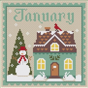 Kruissteekpatroon januari, maandelijkse sampler januari, kalenderkruissteek, pdf, huismonsternemer, primitief kruissteekpatroon, cadeau