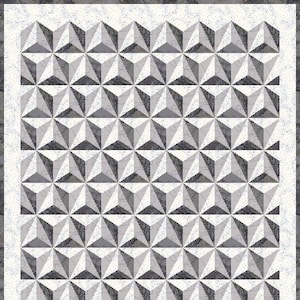 Könnte beinhalten: Ein geometrisches Muster aus grauen und weißen Dreiecken erzeugt einen 3D-Effekt. Das Muster wiederholt sich über das gesamte Bild und erzeugt so eine Tiefenwirkung und Textur.