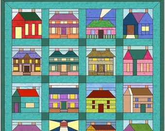 Modèle de bloc de courtepointe PDF numérique | Ensemble de modèles de bloc de courtepointe | Maisons | Patchwork moderne | Téléchargement instantané