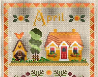 April Cross Stitch Pattern, April Monthly Sampler, Calendar cross stitch, PDF,House Sampler, Primitive cross stitch pattern,gift,easy