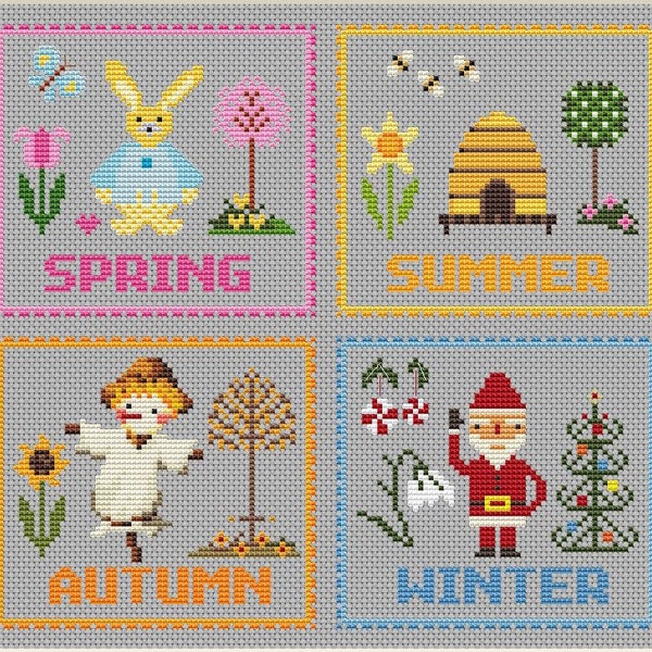 Set 4 Seasons, Modern Cross Stitch Pattern,Spring, Summer, Autumn, Winter, Digital download, Counted cross stitch pattern, Funny , PDF