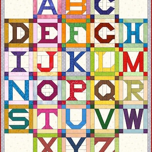 May include: A patchwork quilt featuring the twenty-six letters of the alphabet, each displayed in a square block with a unique color and patterned fabric. The letters A through Z are arranged in a grid, surrounded by a thin gray border.