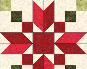 May include: A square quilt block featuring a central red star pattern composed of geometric fabric pieces. The design incorporates cream-colored fabric with a subtle pattern, dark green squares, and light green corner squares.
