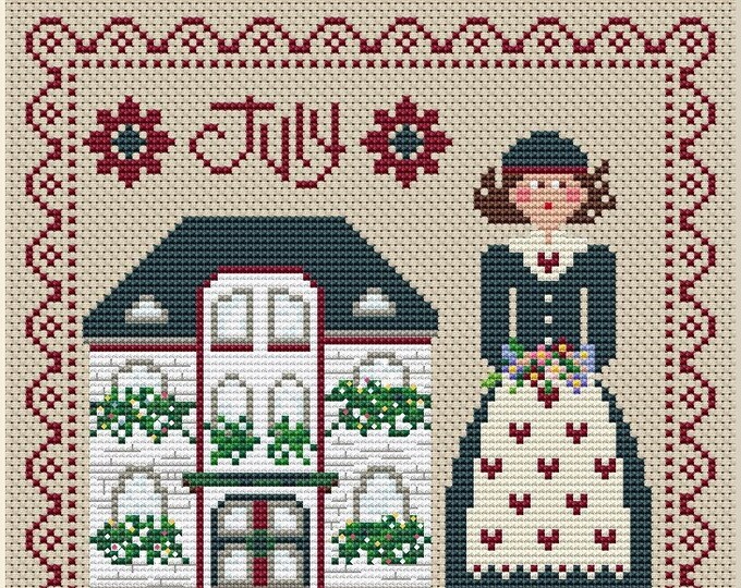 June Friend Pattern Calendar Girls, June Cross Stitch Pattern, June Monthly Sampler, House ...