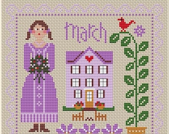 Quirky Calendar Girls March Calendar Girls Cross Stitch Pattern, House Sampler (PDF Digital Download)