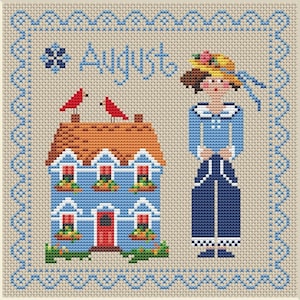 Calendar Girls, August Cross Stitch Pattern, August Monthly Sampler, House Sampler,PDF, Primitive cross stitch pattern,Digital download