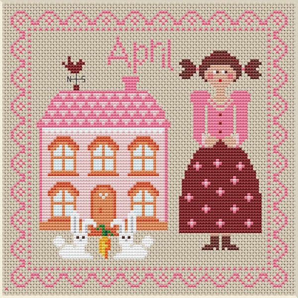 Calendar Girls, April Cross Stitch Pattern, April Monthly Sampler, House Sampler,PDF, Primitive cross stitch pattern,Digital download