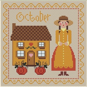 Calendar Girls, October Cross Stitch Pattern, October Monthly Sampler, House Sampler,PDF, Primitive cross stitch pattern,Digital download