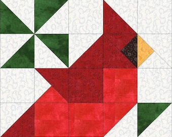 Digitales PDF-Muster, Quilt-Block, Kardinalvogel, Quilt-Block, Modernes Patchwork, Sofort Download