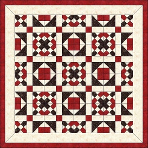 Puede incluir: Un patrón de bloque de colcha con un diseño repetitivo de cuadrados y triángulos rojos, negros y blancos. El patrón se coloca sobre un fondo crema.